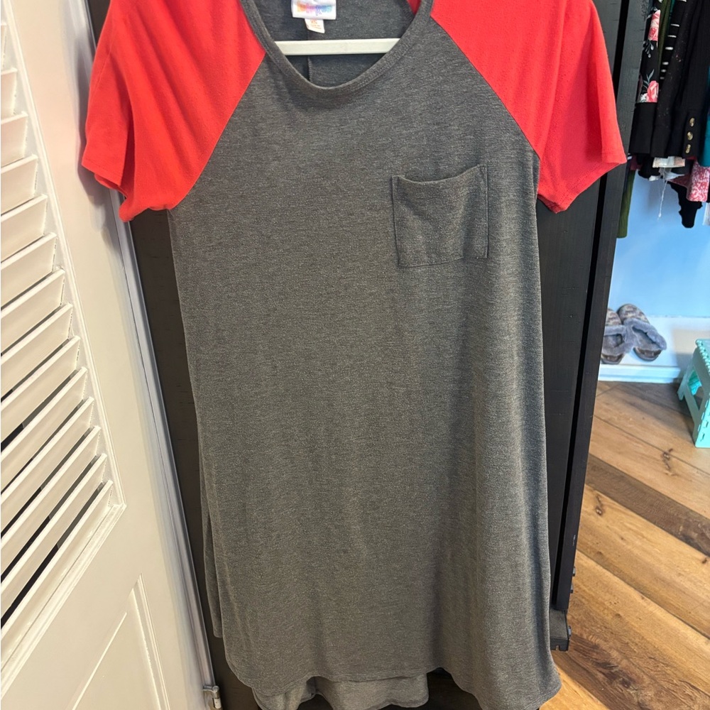 LuLaRoe Gray and Red High Low Dress with Raglan Sleeves